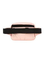 Riñonera unisex de tela acolchada color verde militar, con compartimento principal y bolsillo frontal con cierre, y correa ajustable negra.