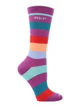 Calcetines largos a rayas horizontales de colores púrpura, turquesa, rojo, naranja y celeste. Marca RKF.