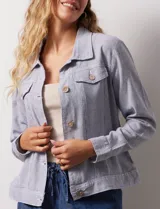 Camperita de lino estampado marca Dash, con abertura central con botones y bolsillos delanteros.