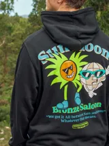 Hoodie negro con capucha y manga larga. Estampado en la espalda con un sol, una luna y el texto "Bronze Salon".