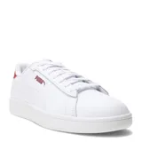 Championes Puma Smash 3.0 L de cuero sintético blanco con franja lateral negra y logo dorado.