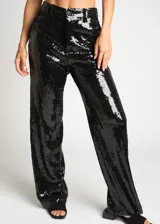 Pantalón de vestir de lentejuelas negras, de corte recto y tiro alto.