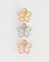 Set de tres broches para el pelo con forma de flor, en colores dorado, plateado y cobre.