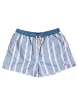 Short de baño celeste y blanco a rayas verticales, con cintura elástica y cordón ajustable.