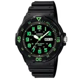 Reloj CASIO MRW200H-3BVDF unisex con caja y correa de resina negra, esfera negra con números verdes luminiscentes, bisel giratorio, cristal de resina y calendario con día y fecha. Resistente al agua hasta 100 metros.