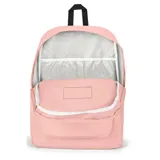Mochila JanSport Superbreak Plus color rosa con logo de la marca en el frente, asa superior negra y correas acolchadas ajustables.