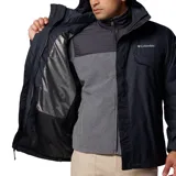 Campera Columbia 3 en 1 para hombre, modelo Bugaboo III Fleece. Capa exterior impermeable y transpirable con tecnología Omni-Tech, forro interior de polar con tecnología Omni-Heat reflectante. Capucha desmontable y ajustable, bolsillos con cremallera y puños ajustables.