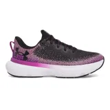 Zapatillas de running Under Armour Infinite para mujer, con capellada de tejido knit degradado en tonos gris y verde flúor, logo de la marca en el talón y suela blanca con tecnología HOVR.