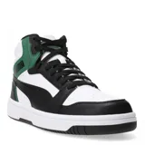 Championes Puma Rebound V6 de caña alta, color blanco con detalles en negro y verde.