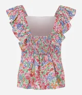 Blusa sin mangas de viscolino con estampado floral liberty, escote cuadrado delantero y trasero, volados en las sisas y lastex en la espalda.