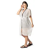 Kimono blanco traslúcido con estampado de cebra, mangas cortas con pompones y lazo en la cintura.