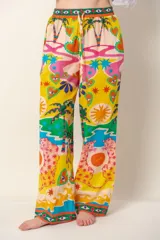 Pantalón de corte recto con cintura elastizada y cordón ajustable, con estampado de rayas verticales multicolores.
