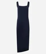 Vestido midi de bretel ancho, confeccionado en poliamida con escote cuadrado en la espalda.