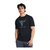 Remera deportiva Under Armour Project Rock, color blanco, de corte clásico y mangas cortas. Presenta un estampado frontal con el logo de Project Rock y la leyenda "Project Rock".
