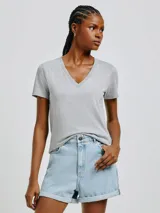 Remera gris de corte clásico, con cuello en V y mangas cortas.