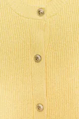 Chaleco amarillo de punto con cuello redondo y sisas amplias. Tiene cierre frontal con botones dorados y dos bolsillos de parche con botón.