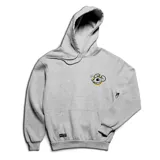 Canguro gris con capucha y bolsillo delantero, con estampado pequeño de la cara de un ratón en el pecho.