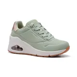 Championes Skechers Street Uno Wedge color verde agua con detalles en rosa metalizado. Cuenta con cordones, plataforma con cámara de aire visible Skech-Air y plantilla Skechers Air-Cooled Memory Foam.