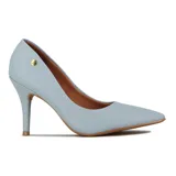 Zapato de tacón alto Vizzano, color blanco, con punta fina y detalle de logo dorado en el lateral.