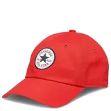 Gorro de béisbol Converse, color rojo, con visera curva y parche circular bordado del logo Chuck Taylor All Star en el frente.