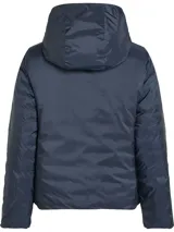 Campera acolchada reversible azul marino con interior celeste, con capucha y cierre frontal.