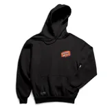 Canguro negro de algodón con capucha y bolsillo frontal. Estampado pequeño en el pecho con la frase "Horror Fest" en letras naranjas y azules con borde blanco.