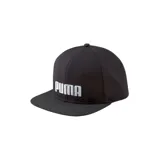 Gorra Puma negra con visera plana y logo de la marca bordado en blanco en el frente.