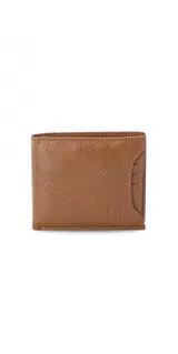 Billetera marrón de cuero con bolsillo al frente, tarjetero extraíble con elástico, doble compartimento para billetes, tarjeteros y bolsillos.