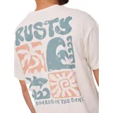 Remera manga corta color crema con estampa centrada en el pecho con el logo de la marca Rusty y la frase "Everywhere in the deep" en color celeste.