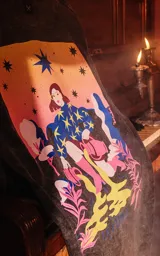 Remera negra con efecto nevado, de manga corta y cuello redondo, con calce oversize. Presenta una estampa en la espalda inspirada en el arcano "La Estrella" del Tarot, con una figura femenina vertiendo agua de dos cántaros, rodeada de estrellas y vegetación en colores vibrantes como amarillo, azul, rosa y verde.