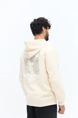 Canguro de algodón azul marino con capucha ajustable, puños y arte estampado en la espalda con motivos florales y texto que dice "ART GALLERY ARCHIVES No. 971 / TORINO It. BROOKSFIELD".