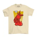 Remera color crema con estampado de un personaje rojo de caricatura con un texto que dice "Whoops!".