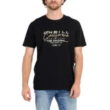 Remera de manga corta color negro con cuello redondo. Estampado frontal en dorado con el texto "O'Neill California Santa Cruz The Original Surf Supply Co." y un logo circular debajo.