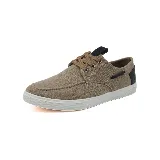 Zapatilla náutica marrón de lona con cordones marrones y suela blanca.