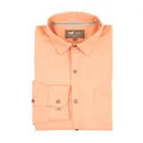 Camisa amarilla de algodón orgánico, manga larga con botones de madera, cuello italiano, calce regular, bolsillo de pecho con logo bordado.