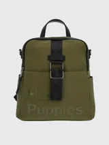 Mochila verde militar con detalles en negro, marca Hush Puppies.
