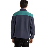 Buzo de polar con cierre parcial, color azul marino y detalles en verde, con bolsillo frontal.