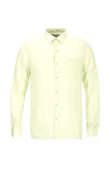 Camisa de manga larga color durazno, confeccionada en lino orgánico, con cuello italiano, cierre con botones y bolsillo en el pecho con logo bordado al tono.