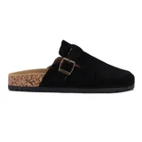 Zueco negro de cuero sintético con plantilla de corcho, tira ancha con hebilla metálica ajustable y suela plana.