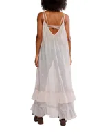 Camisón midi de malla transparente color rosa pálido, con lentejuelas bordadas, escote en V con puntilla y tirantes finos regulables.