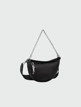 Cartera bandolera Longchamp modelo Smile, color negro, de cuero, con correa de cadena plateada y correa de tela negra con logo de la marca.
