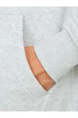 Canguro gris melange de manga larga con capucha, corte relajado y bolsillo tipo canguro. Estampado en relieve con efecto tridimensional.