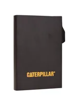 Billetera unisex Caterpillar de cuero vegano PU color negro con logo amarillo. Cuenta con sistema de extracción de tarjetas y capacidad para hasta 6 tarjetas.