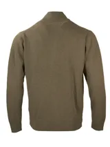Sweater color café de tejido de punto, con cuello alto, cierre frontal completo y mangas largas.