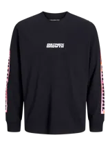 Camiseta negra de manga larga y cuello redondo, con calce holgado y estampado con la frase "Cultivate Growth" en el pecho. Presenta un diseño floral abstracto en tonos naranja y rosa en las mangas.