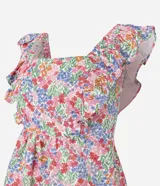 Blusa sin mangas de viscolino con estampado floral liberty, escote cuadrado delantero y trasero, volados en las sisas y lastex en la espalda.