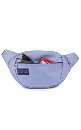 Riñonera JanSport Fifth Avenue negra con estampado de rayos blancos.