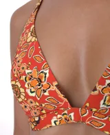 Top de bikini en color naranja con estampado floral, de corte triangular y ajuste tipo pinza.