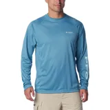 Remera de manga larga Columbia Terminal Tackle Heat, color gris jaspeado, con logo de la marca en el pecho y en la manga. Confeccionada en tejido transpirable de secado rápido y protección solar UPF 50.