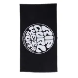 Toalla de playa negra con logo circular de Rip Curl en blanco.